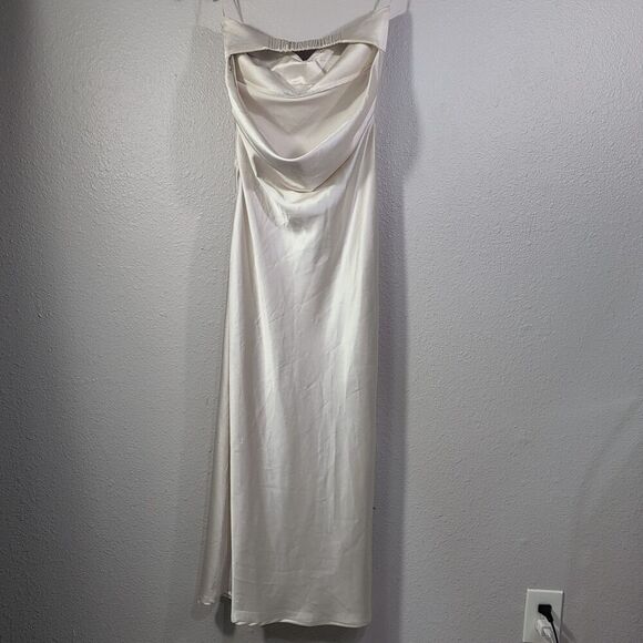 Prom dress Hoco Satin Y2k Crystal Drape Sz S Sequins Beige Maxi Strapless 127 - Picture 5 of 10